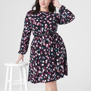 Lane Bryant - Fit & Flare Graffiti Purple Blue Dot Long Sleeve Black Dress - 1X